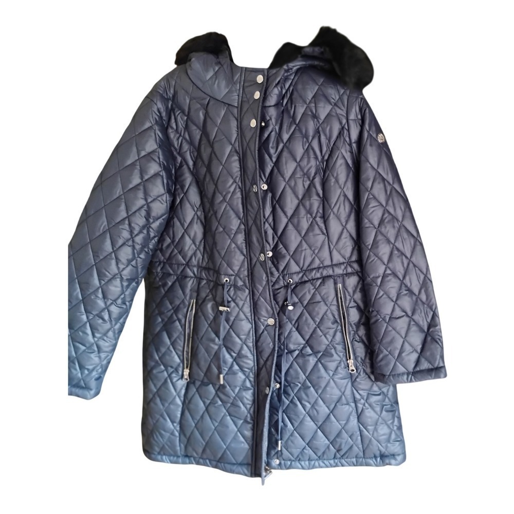 NEW Quilted Coat with Faux‎ Fur Hooded Trim Navy blue  XL Puffer, Winter, Warm